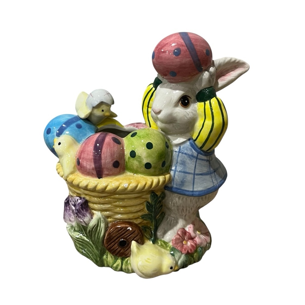 Fitz and Floyd‎ 1996 bunny Rabbit creamer Eggs Chick Flowers Easter 5.5” Tall